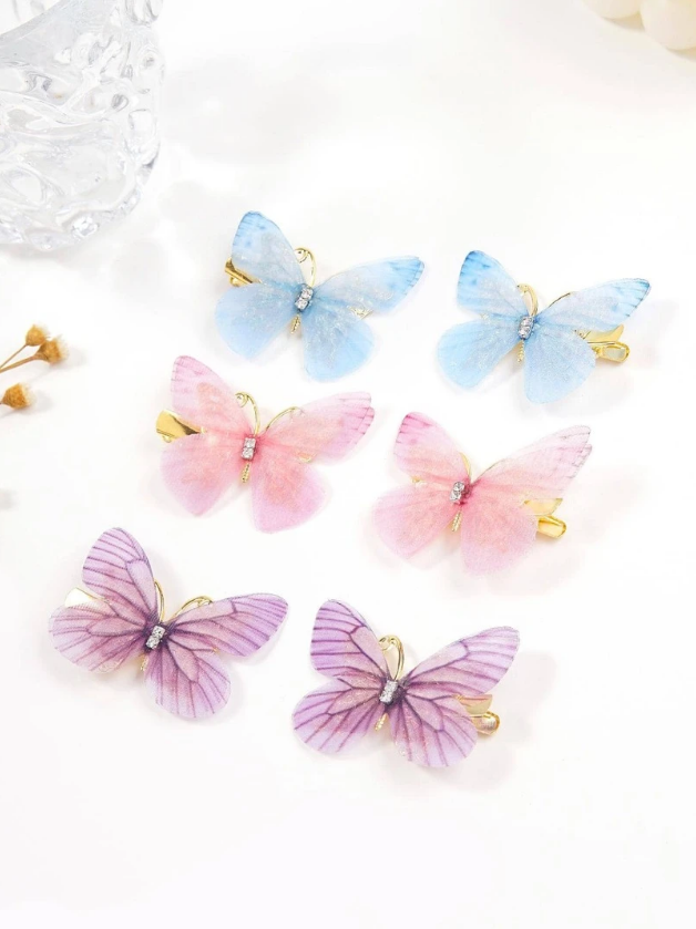 Kit 6 prendedores de cabelo borboletas organza 3D daminha noiva