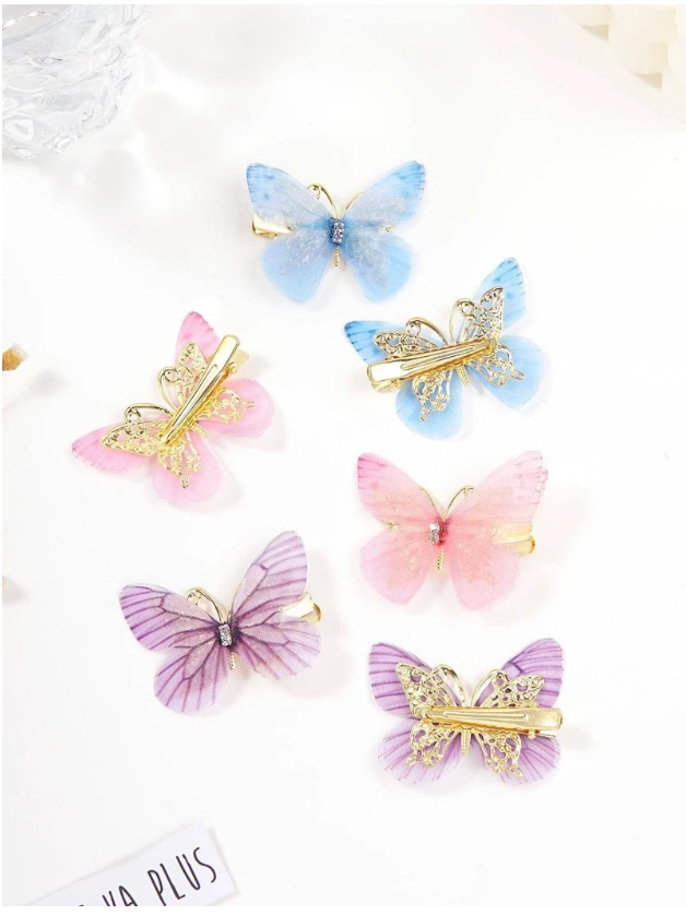 Kit 6 prendedores de cabelo borboletas organza 3D daminha noiva