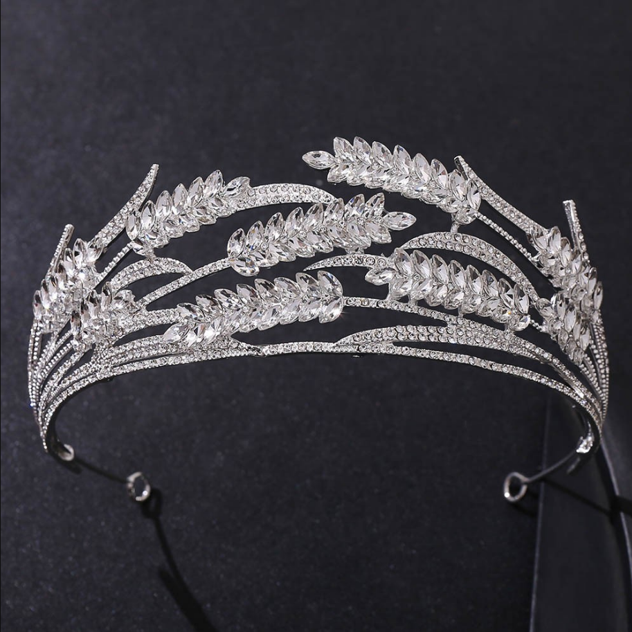 tiara coroa de noiva moderna ramos de trigo com cristais navete
