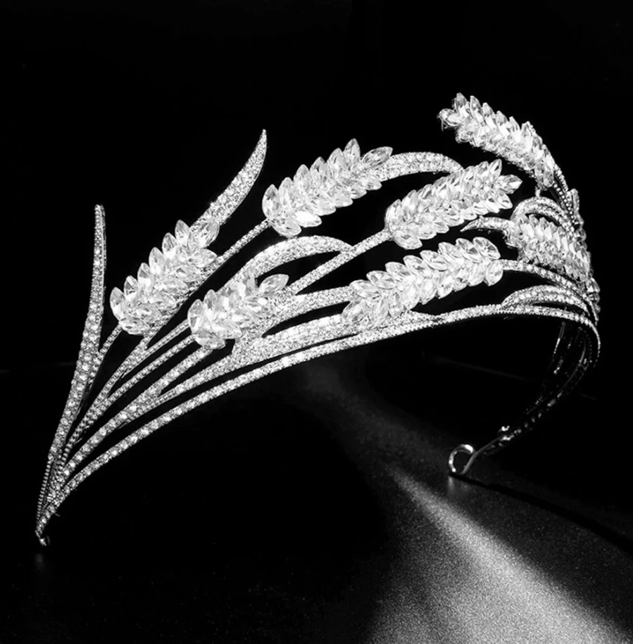 tiara coroa de noiva moderna ramos de trigo com cristais navete