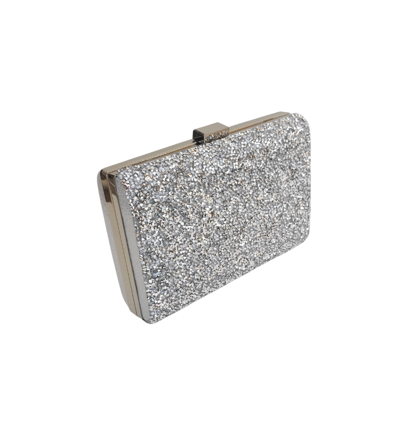 Bolsa clutch prata com brilho frontal luxo para festa e noiva