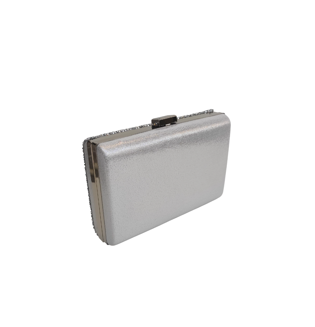 Bolsa clutch prata com brilho frontal luxo para festa e noiva