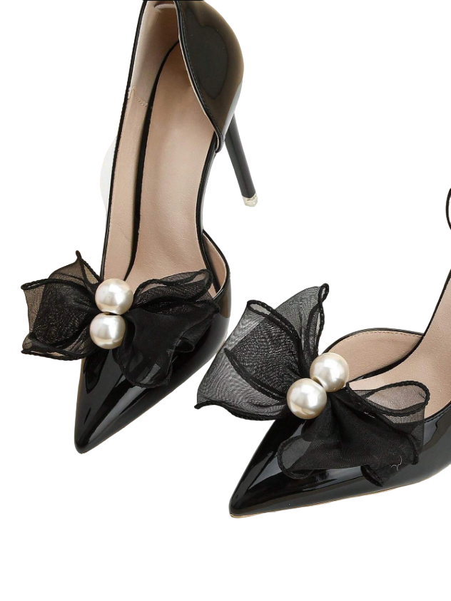 Laço preto detalhe pérolas Decorativo para Sapato - Broche Clip Removível