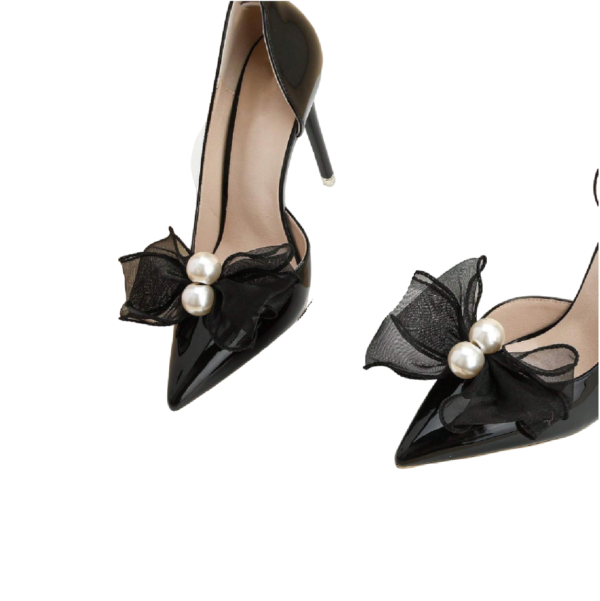 Laço preto detalhe pérolas Decorativo para Sapato - Broche Clip Removível