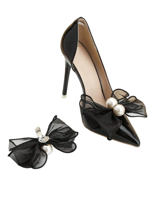 Laço preto detalhe pérolas Decorativo para Sapato - Broche Clip Removível