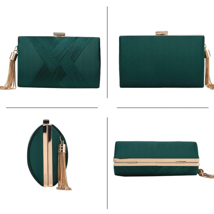 Bolsa clutch de festa verde esmeralda com detalhe de tassel luxo