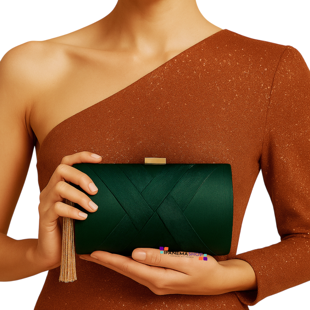 Bolsa clutch de festa verde esmeralda com detalhe de tassel luxo