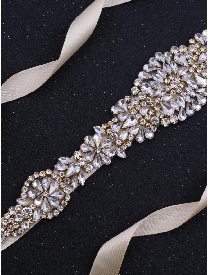 Cinto bordado champagne de pedraria luxo para vestido de noiva