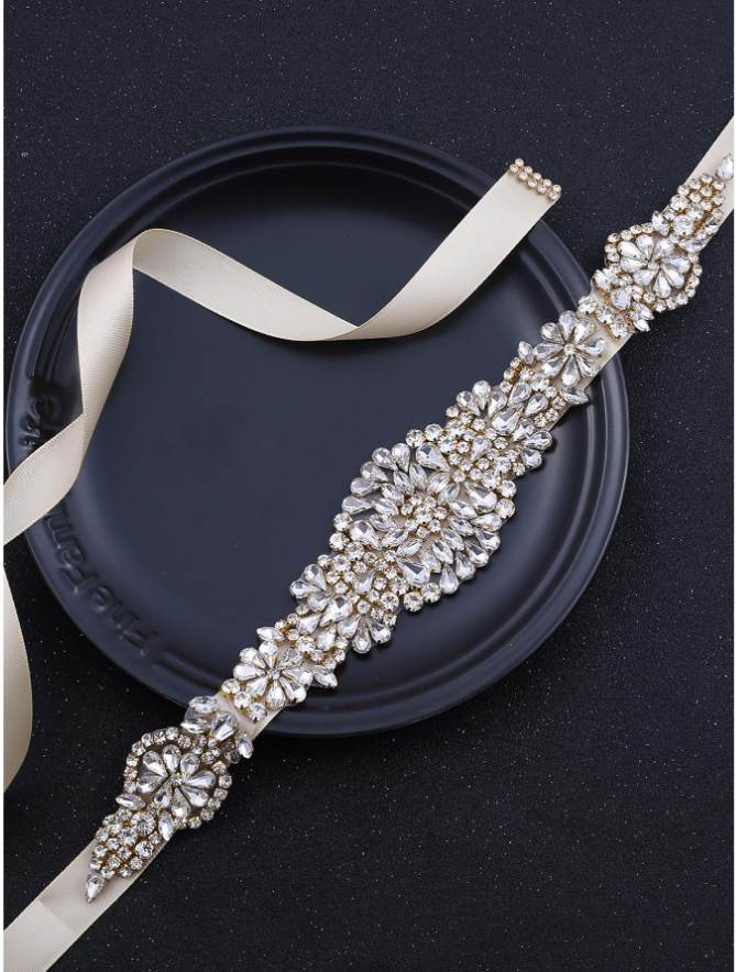 Cinto bordado champagne de pedraria luxo para vestido de noiva