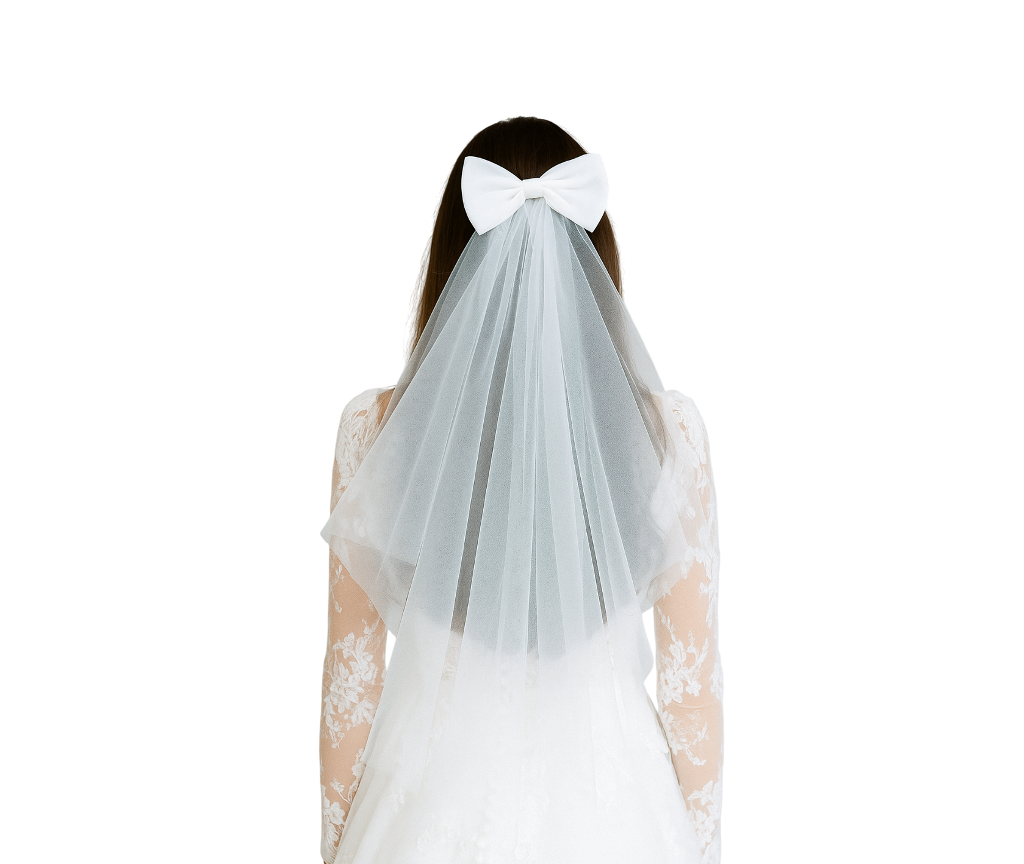 VÉU V100 - IPANEMASHOP Noiva usando véu laço moderno de tule em cabelo semi-preso