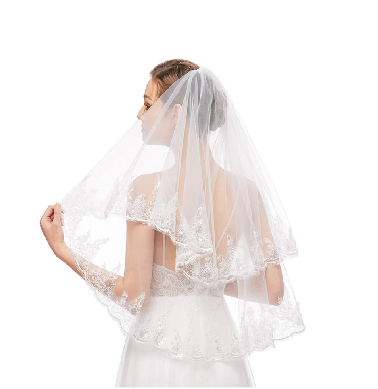 Véu de noiva com brilho de paetê na borda em tule transparente