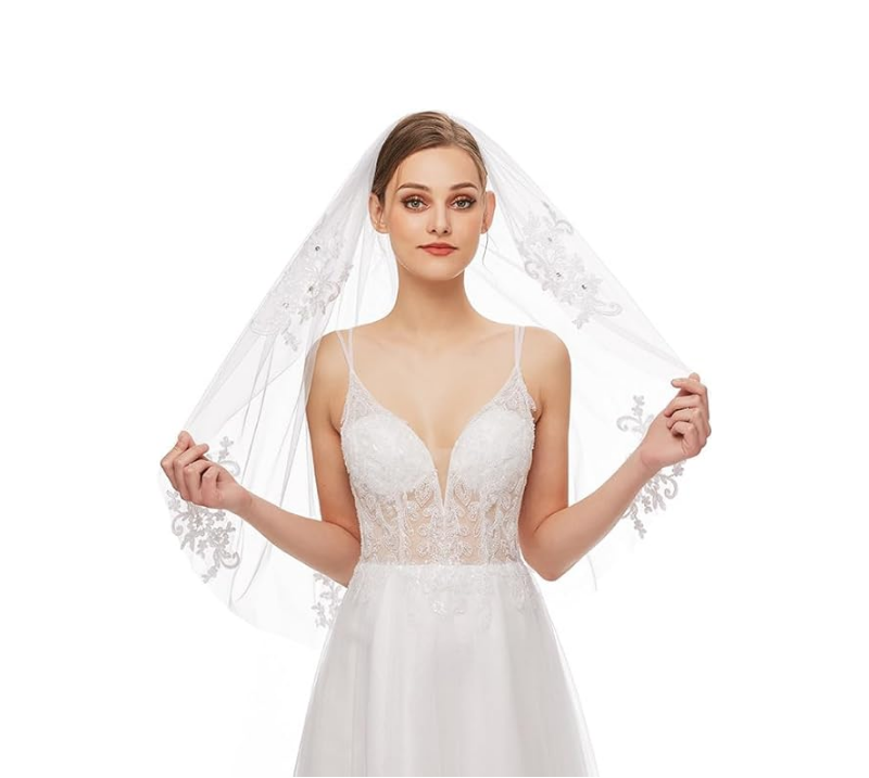 Véu V110 (1) 1 Véu de noiva curto 80cm com aplicação de cristais strass