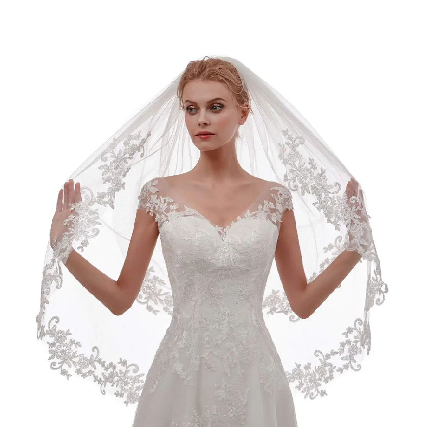 Véu duas camadas v105-3 Véu de noiva duas camadas com volume e acabamento bordado luxo
