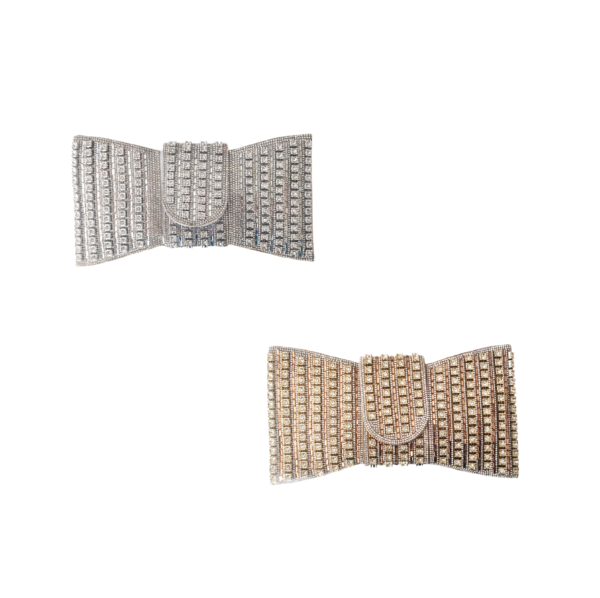 bolsa clutch formato laço toda em pedraria dourada ou prata