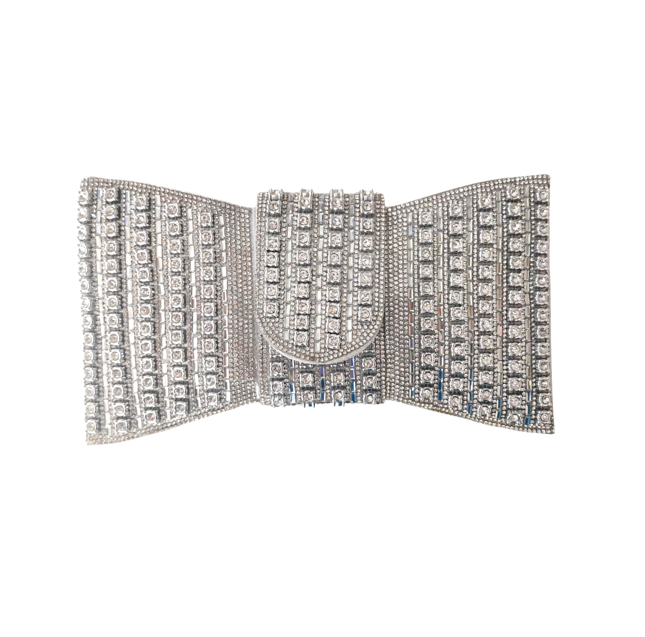 bolsa clutch formato laço toda em pedraria prata