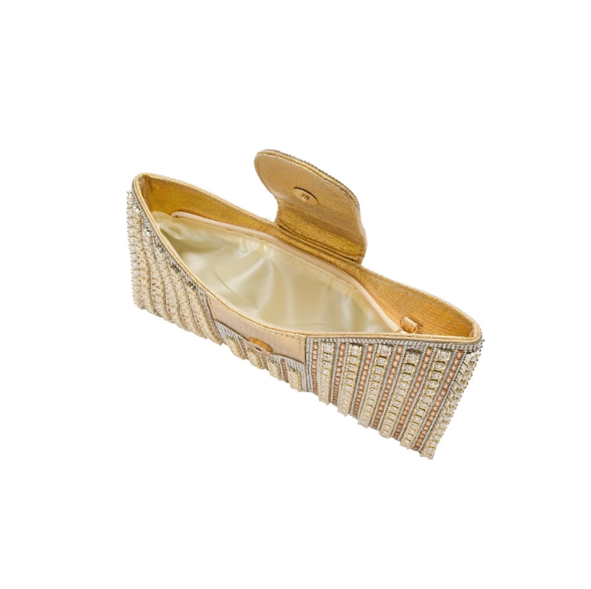 bolsa clutch formato laço toda em pedraria dourada