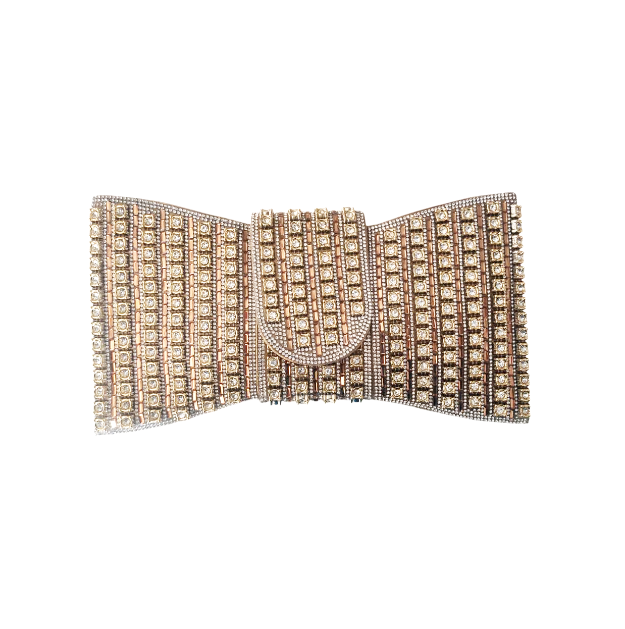 bolsa clutch formato laço toda em pedraria dourada