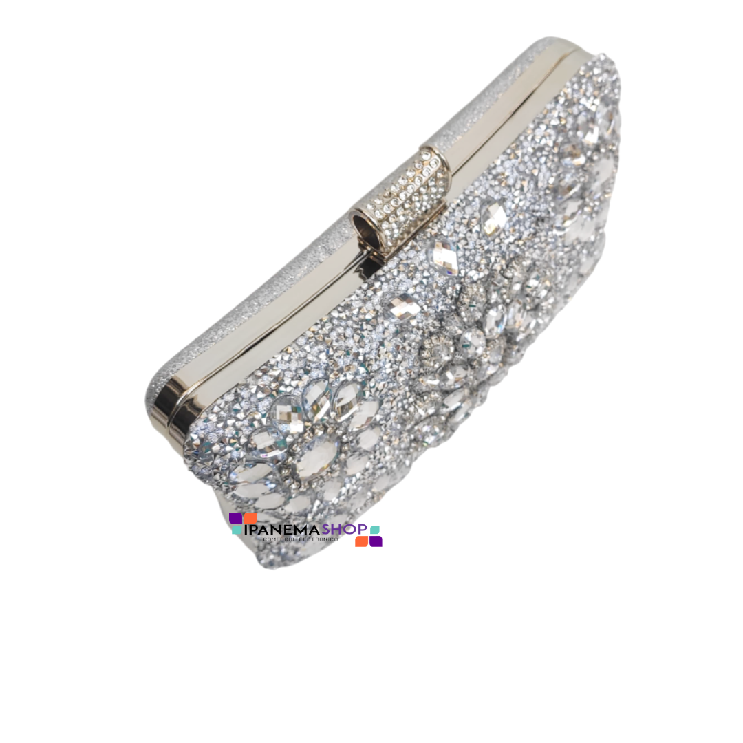 bolsa pedraria (3) Bolsa clutch prata com pedraria luxuosa de cristais na frente