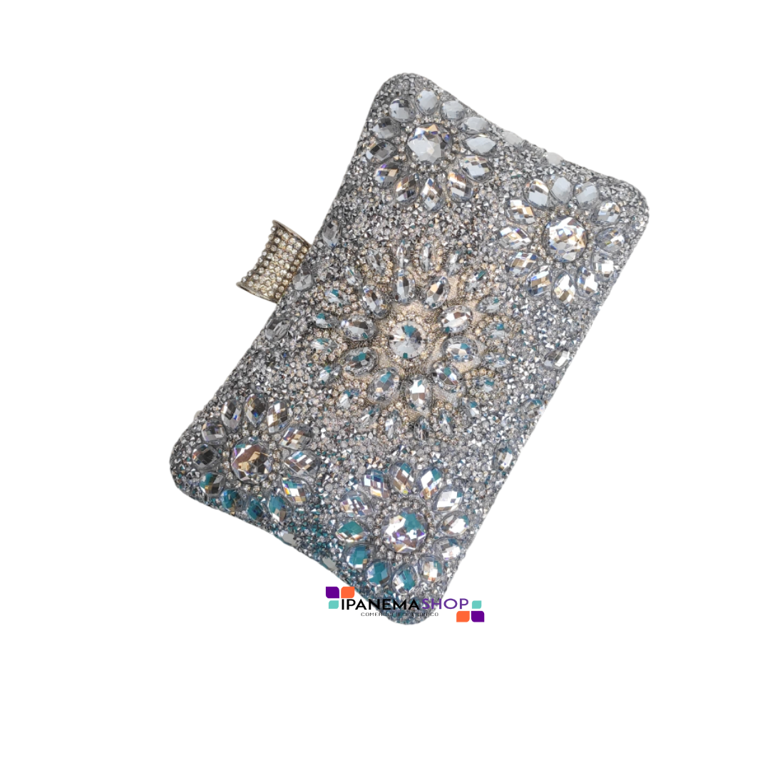 bolsa pedraria (4) Bolsa clutch prata com pedraria luxuosa de cristais na frente