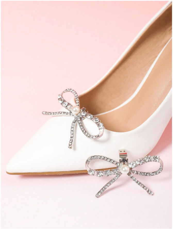 Broche lacinho Pedraria e pérola Clip Removível para Sapato Noiva Madrinha Festa