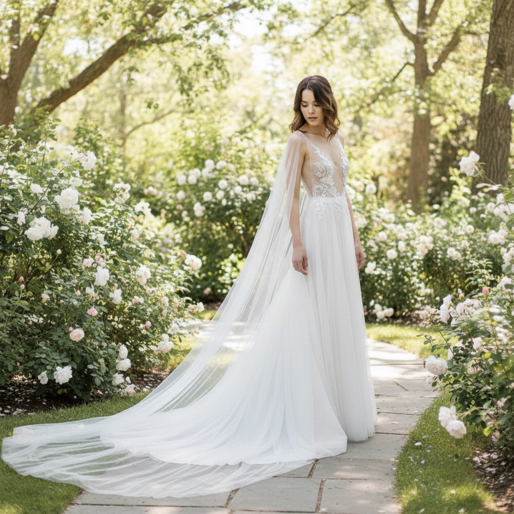 Capa de tule fluida para noiva substituta de véu tradicional