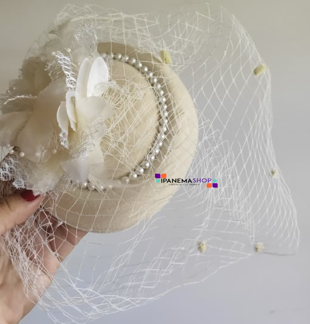 casquete com voilette ipanemashop v127 branco ipanemashop1000-1 (1) chapéu casquete com voilette para noiva ou madrinha cor creme