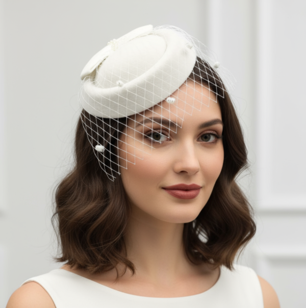Casquete com voilette noiva casamento civil com detalhes de pérola