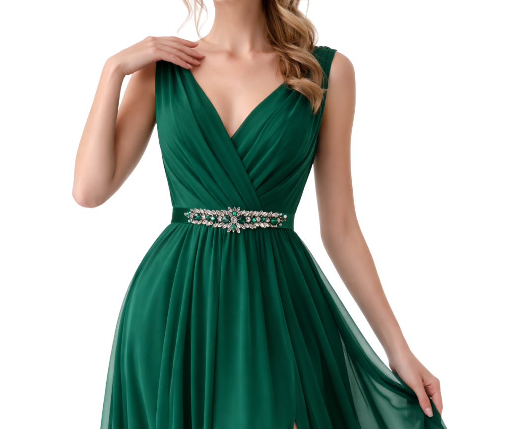 Cinto bordado verde esmeralda em vestido de madrinha