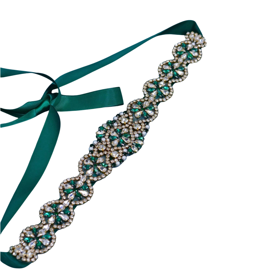 Cinto bordado verde esmeralda para vestido de festa, madrinha mãe da noiva