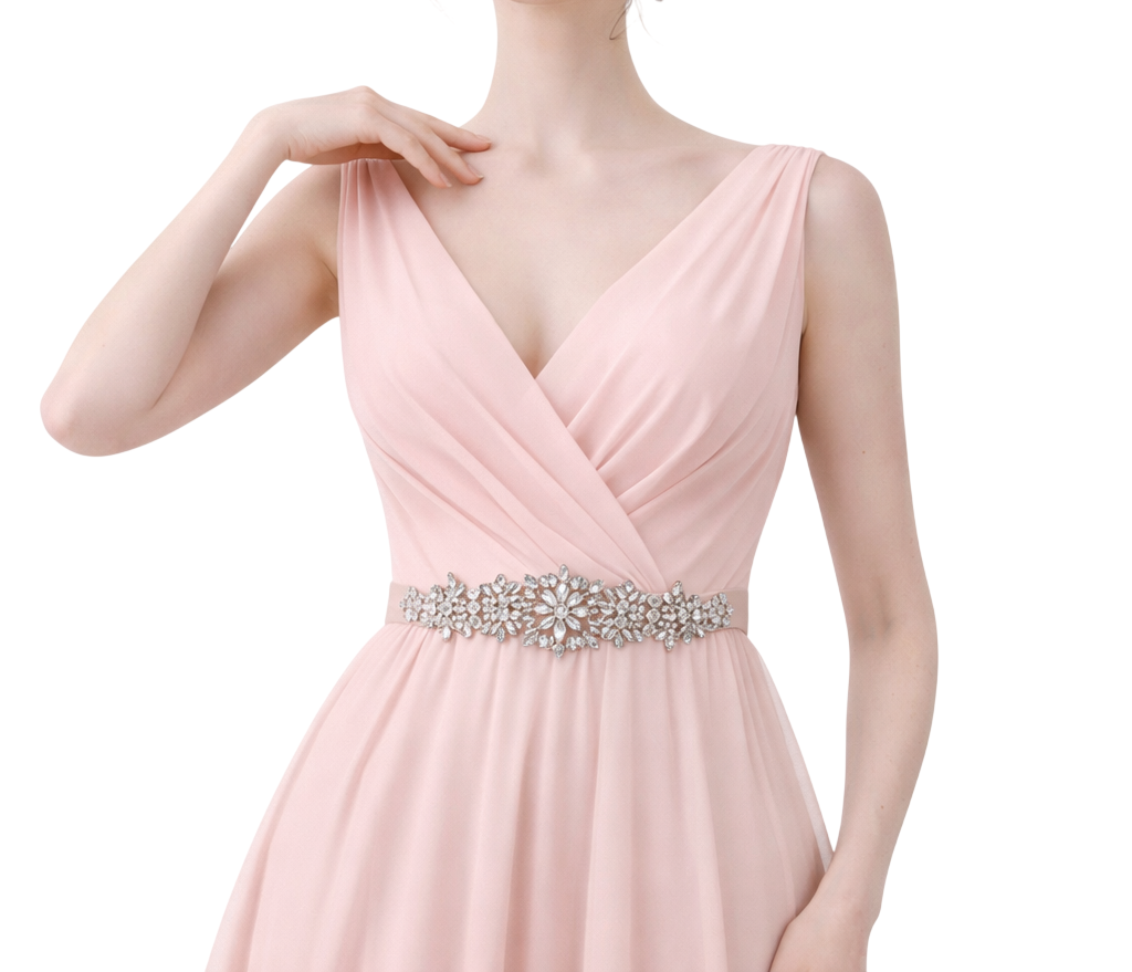 Cinto bordado rosê de pedraria em vestido de madrinha rosa