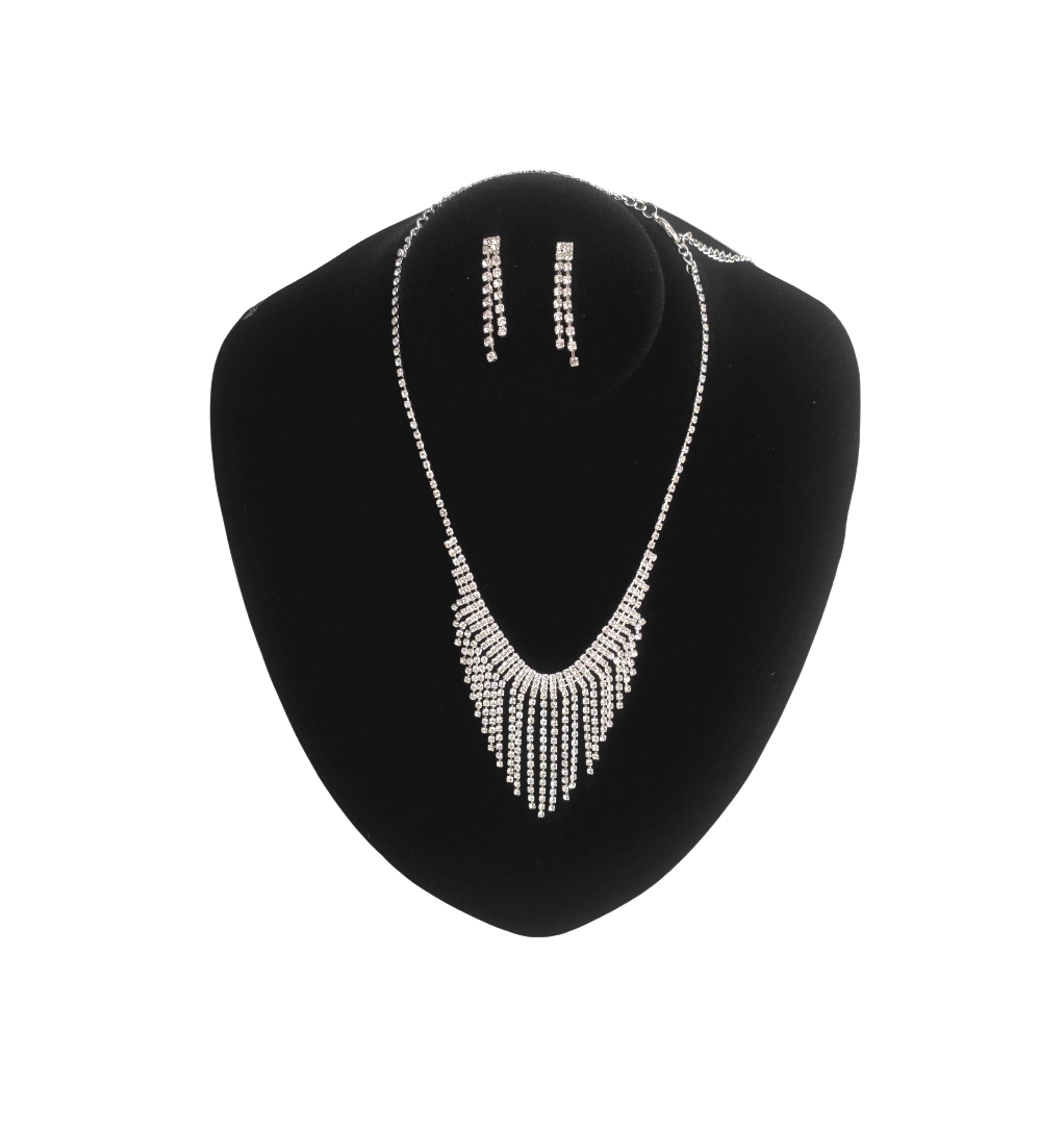 conjunto colar C138 (2) Conjunto de colar e brinco de strass prateado para noiva luxo