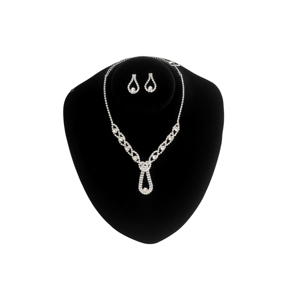 conjunto colar e brinco C135 (3) Conjunto de colar e brinco de strass prateado para noiva luxo