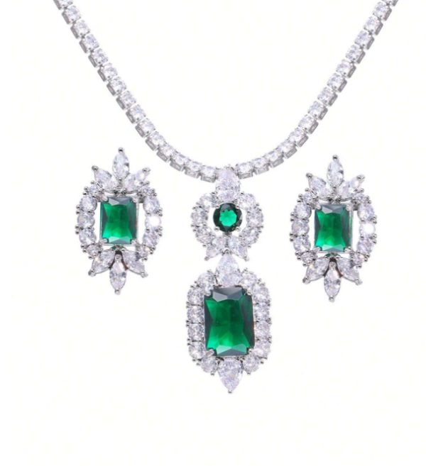 Conjunto de colar e brinco de zircônia verde esmeralda para festa