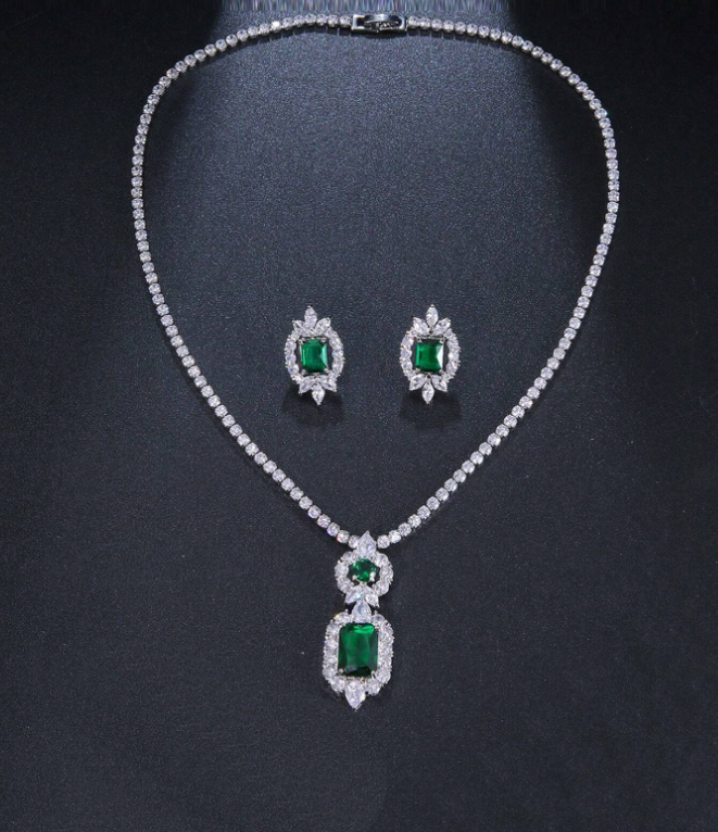 conjunto colar e brinco c131 (2) Conjunto de colar e brinco de zircônia verde esmeralda para festa