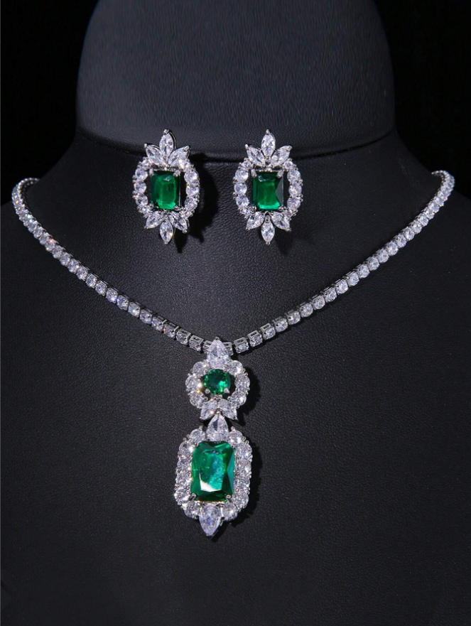 conjunto colar e brinco c131 (3) Conjunto de colar e brinco de zircônia verde esmeralda para festa