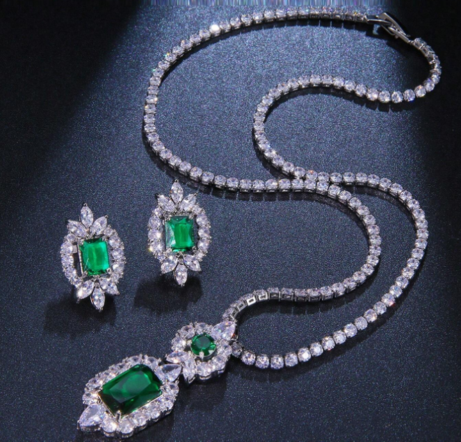 conjunto colar e brinco c131 (4) Conjunto de colar e brinco de zircônia verde esmeralda para festa