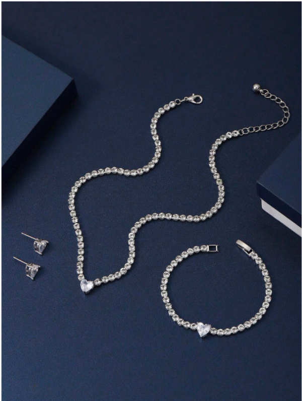 Conjunto colar brinco coração de luxo com zircônias