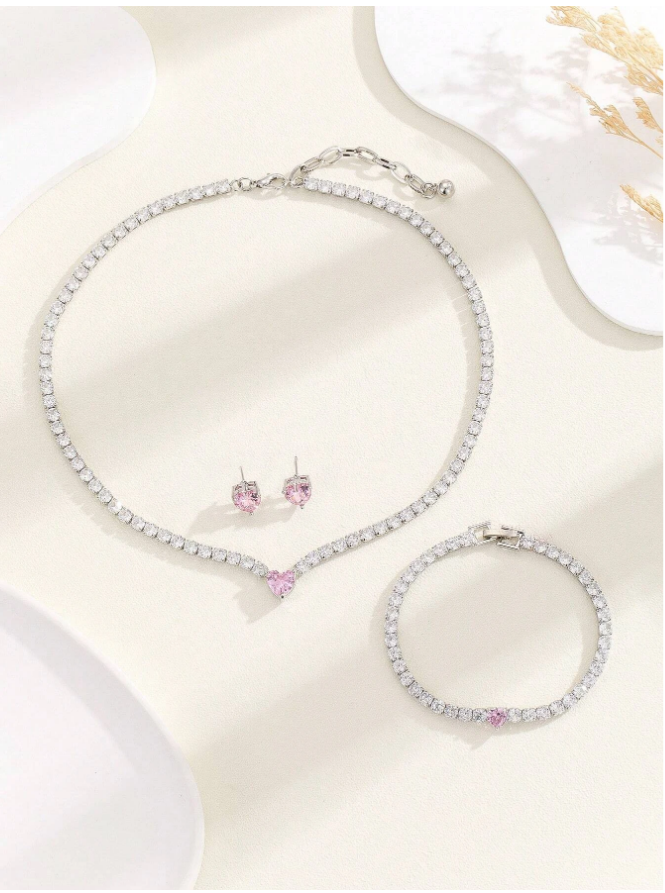 conjunto colar e brinco coração c119 (2) Conjunto colar brinco coração de luxo com zircônias