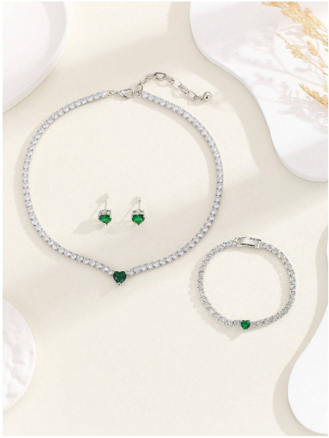 conjunto colar e brinco coração c119 (3) Conjunto colar brinco coração de luxo com zircônias