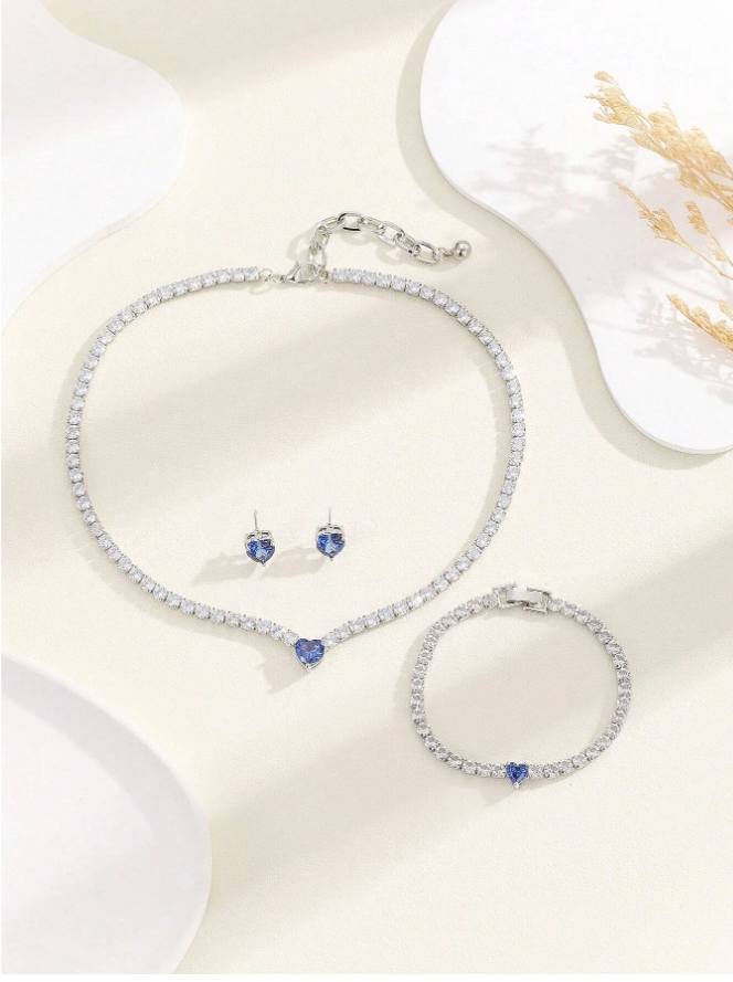 conjunto colar e brinco coração c119 (4) Conjunto colar brinco coração de luxo com zircônias