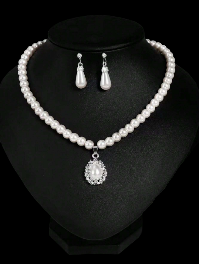 conjunto colar e brinco perolas c117 (1) Conjunto de colar e brinco de pérolas clássico para noiva e festa