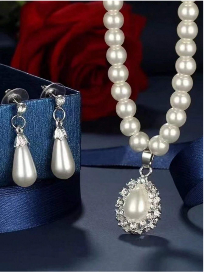 conjunto colar e brinco perolas c117 (2) Conjunto de colar e brinco de pérolas clássico para noiva e festa