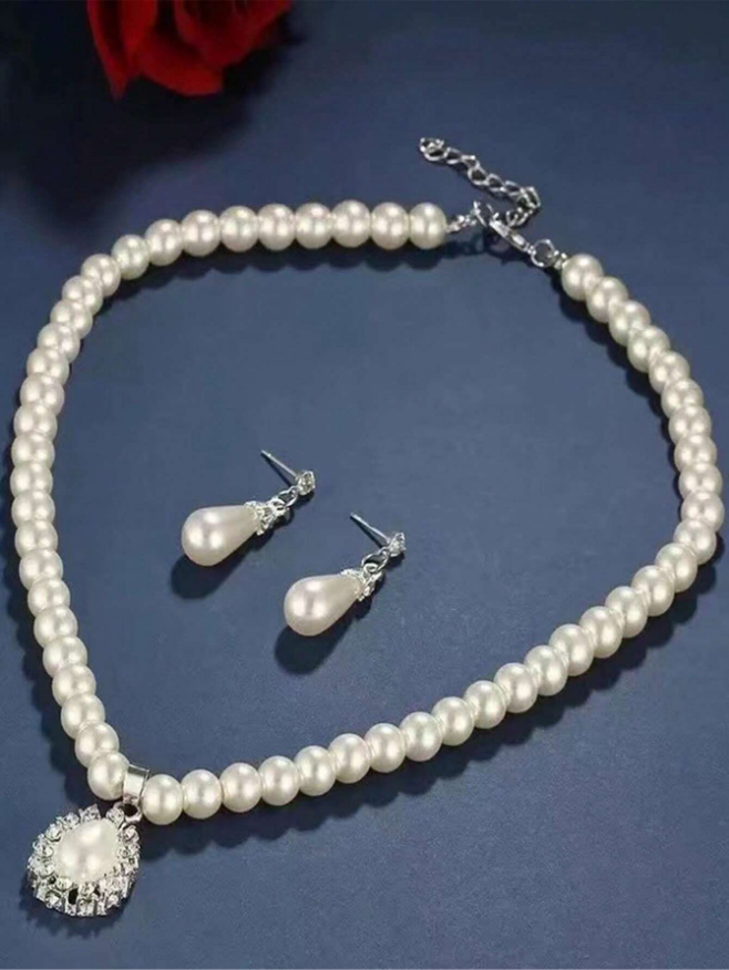 conjunto colar e brinco perolas c117 (3) Conjunto de colar e brinco de pérolas clássico para noiva e festa