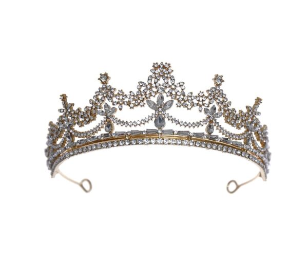 Coroa de noiva dourada clássica com cristais luxo cravejada