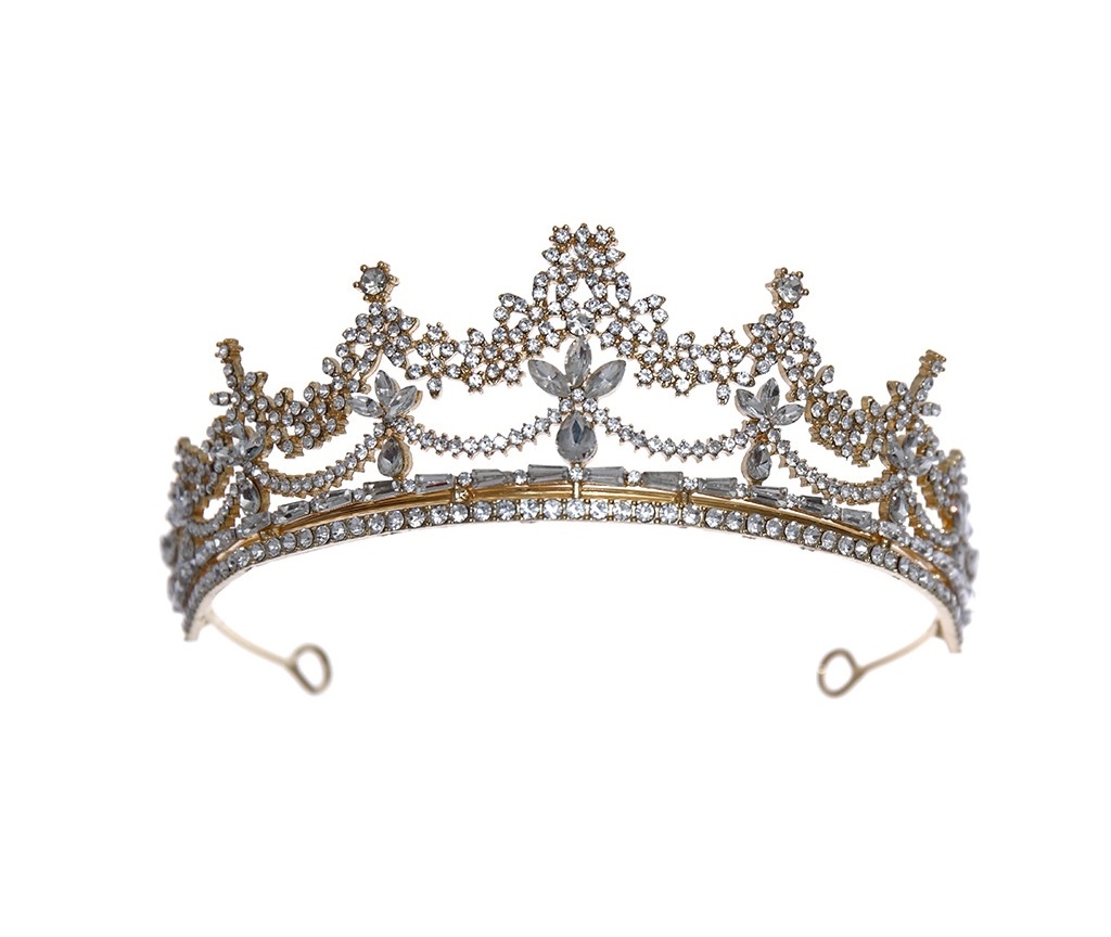 coroa B411 - 1 Coroa de noiva dourada clássica com cristais luxo cravejada