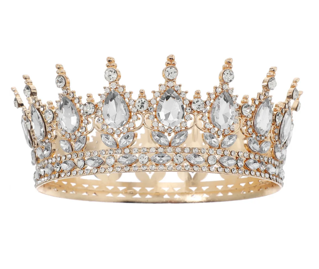 Coroa imperial redonda dourada inteira para noiva, topo de bolo e debutante