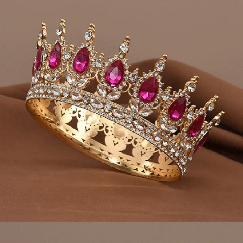 Coroa imperial redonda dourada inteira para noiva, topo de bolo e debutante