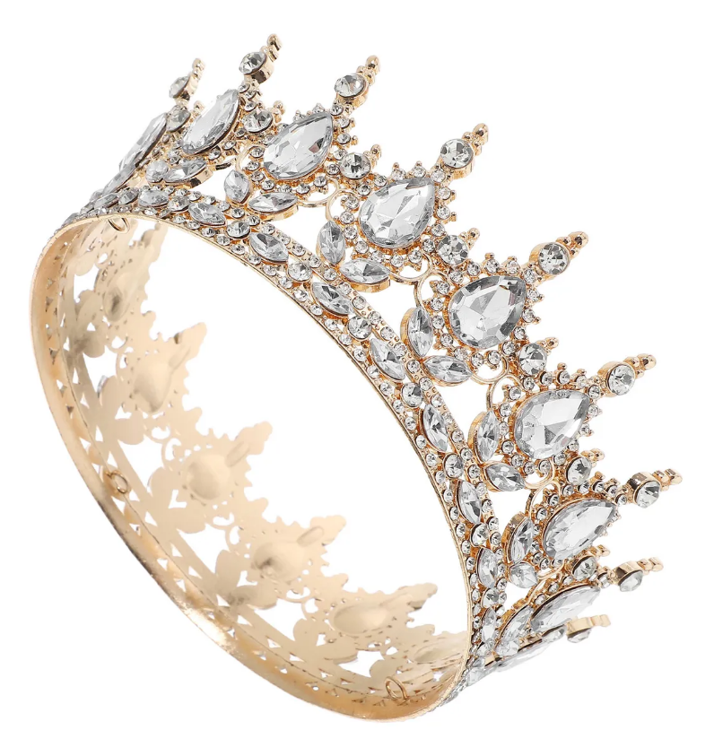 Coroa imperial redonda dourada inteira para noiva, topo de bolo e debutante