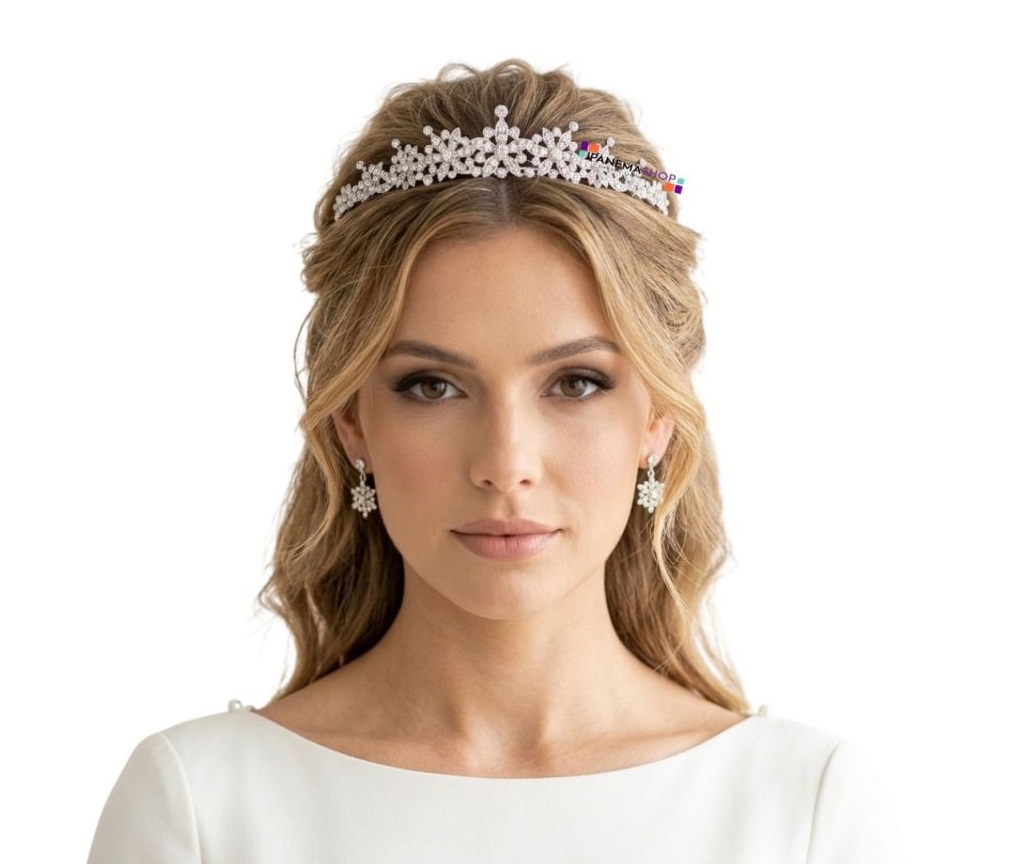Tiara coroa delicada de flores prateada com cristais para noiva