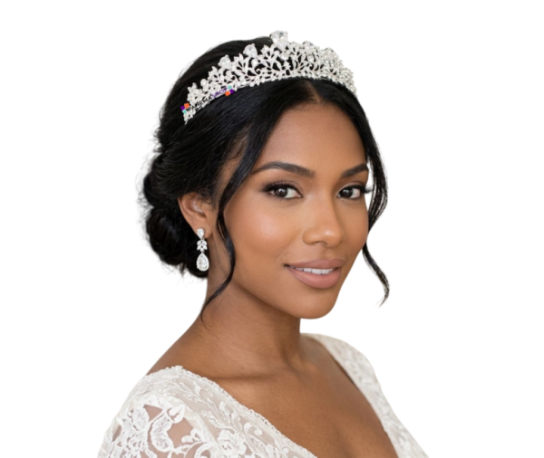 Tiara coroa de noiva floral com cristais gota prateada